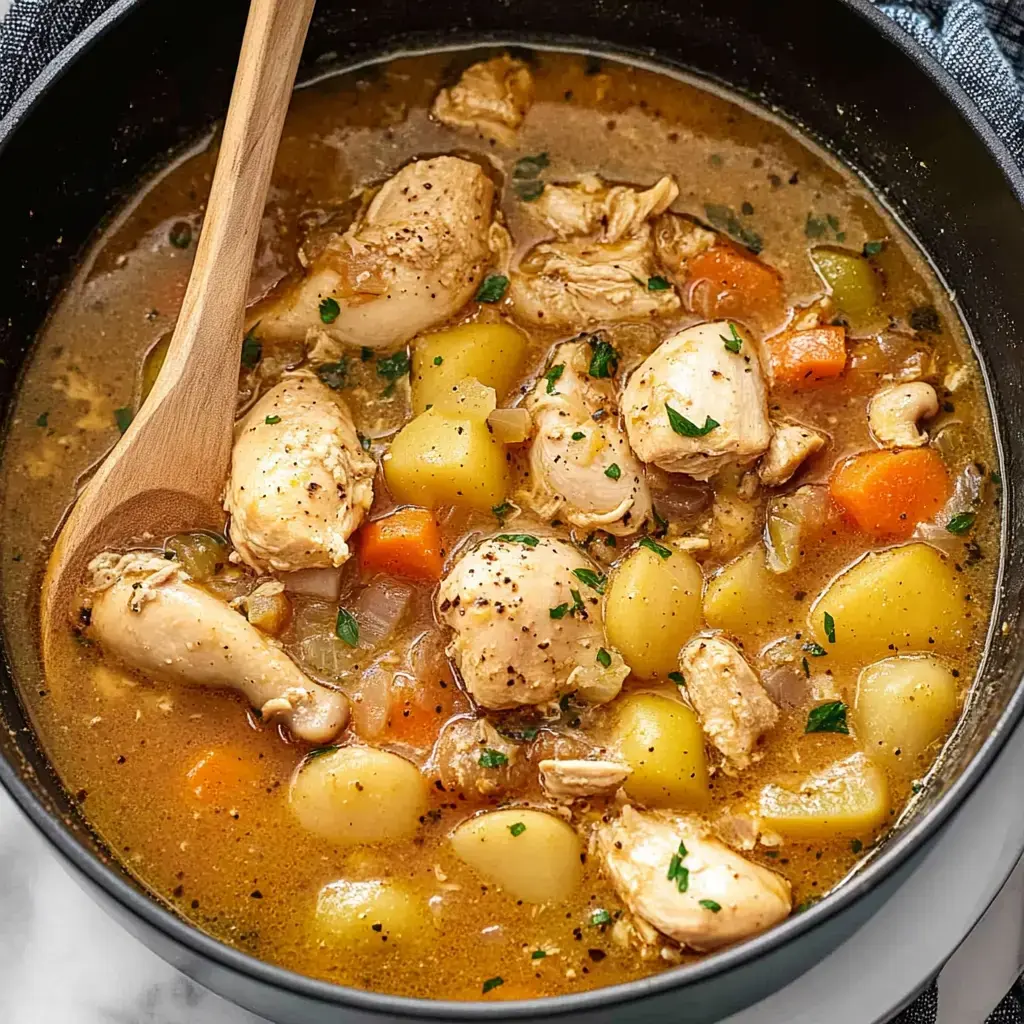 Yumuşacık tavuk butları, patates, havuç ve otlarla hazırlanan tavuk yahnisinin ahşap kaşıkla karıştırıldığı bir tencere.