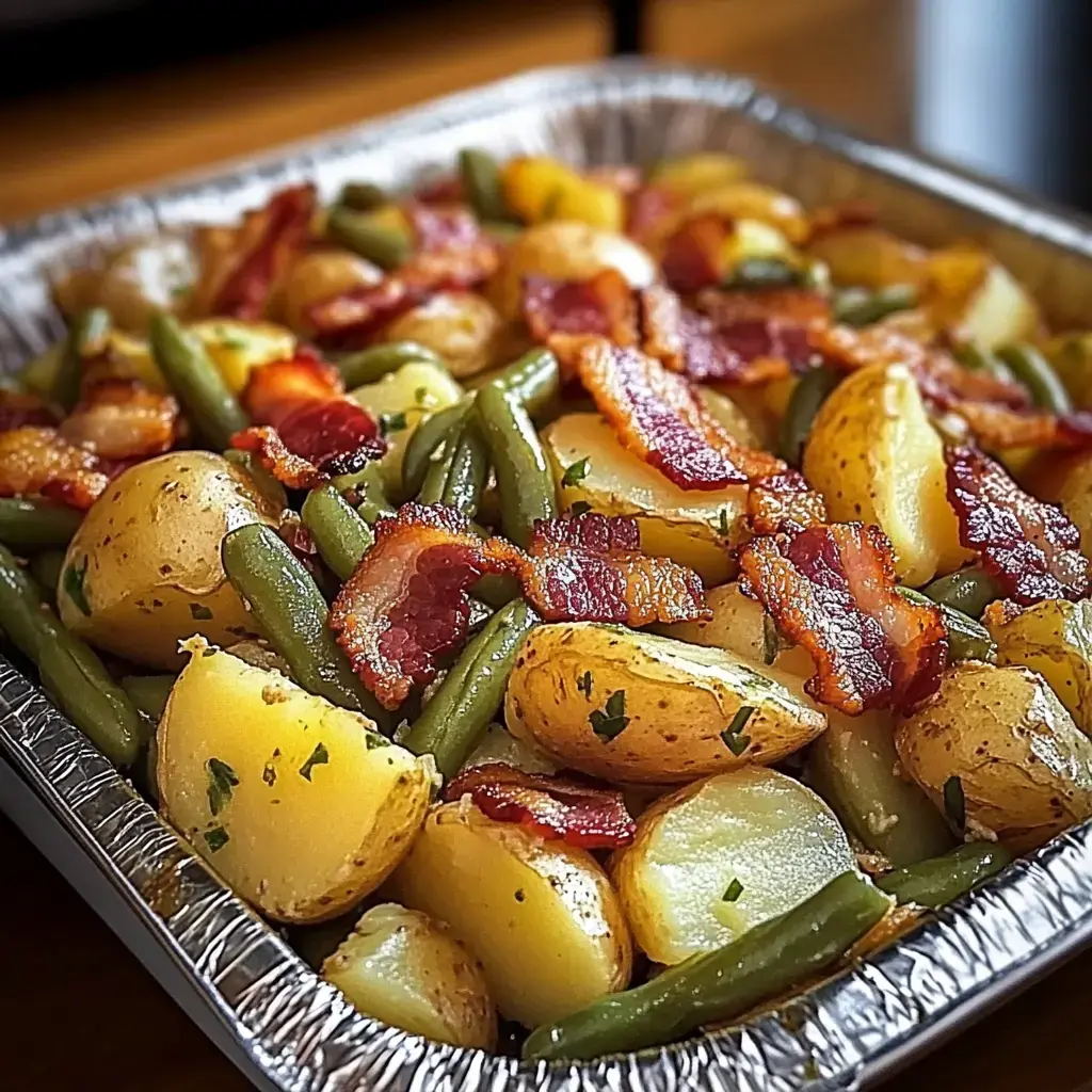 Çıtır bacon ile kaplanmış patates ve fasulye tepsisi.