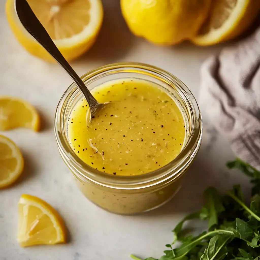 Cam bir kavanozda limonlu sos, çevresinde limon dilimleri ve taze roka yapraklarıyla mermer üzerinde sergileniyor.