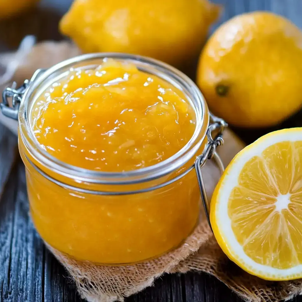 Rustik bir yüzeyde, yarım ve bütün limonların yanında sergilenen bir kavanoz ev yapımı limon kreması.