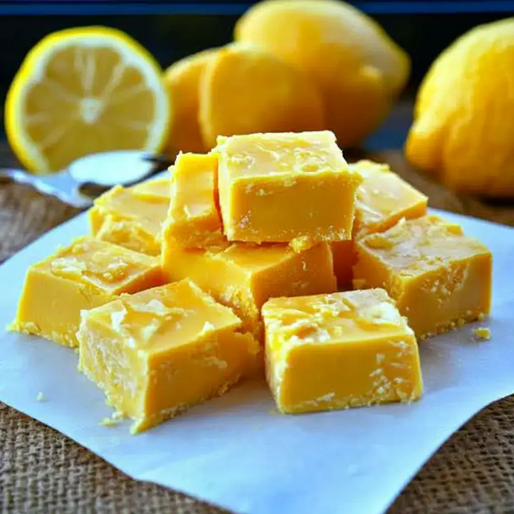 Parlak sarı limon lokumları, yağlı kağıt üzerinde yığılmış halde sergileniyor, arka planda bütün limonlar ve bir kaşık var.