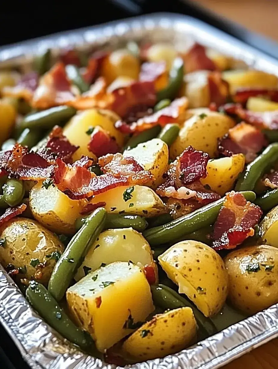 Otlarla süslenmiş, doğranmış patates, yeşil fasulye ve çıtır pastırma ile dolu folyo tepsi.