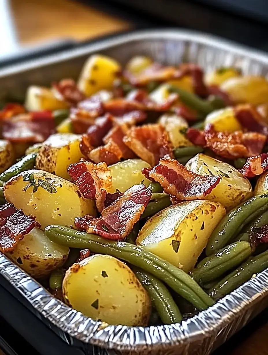 Kızarmış patates, yeşil fasulye ve çıtır pastırma ile dolu bir tepsinin yakın çekim görüntüsü.