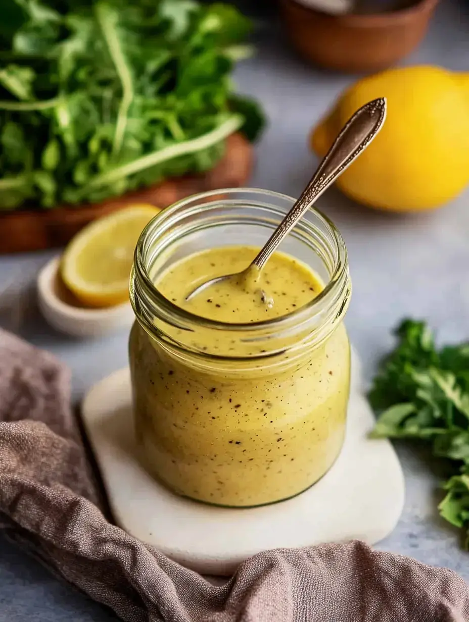Kremsi sarı salata sosu kavanozunun yanında taze yeşillikler ve limon dilimleri bulunuyor.