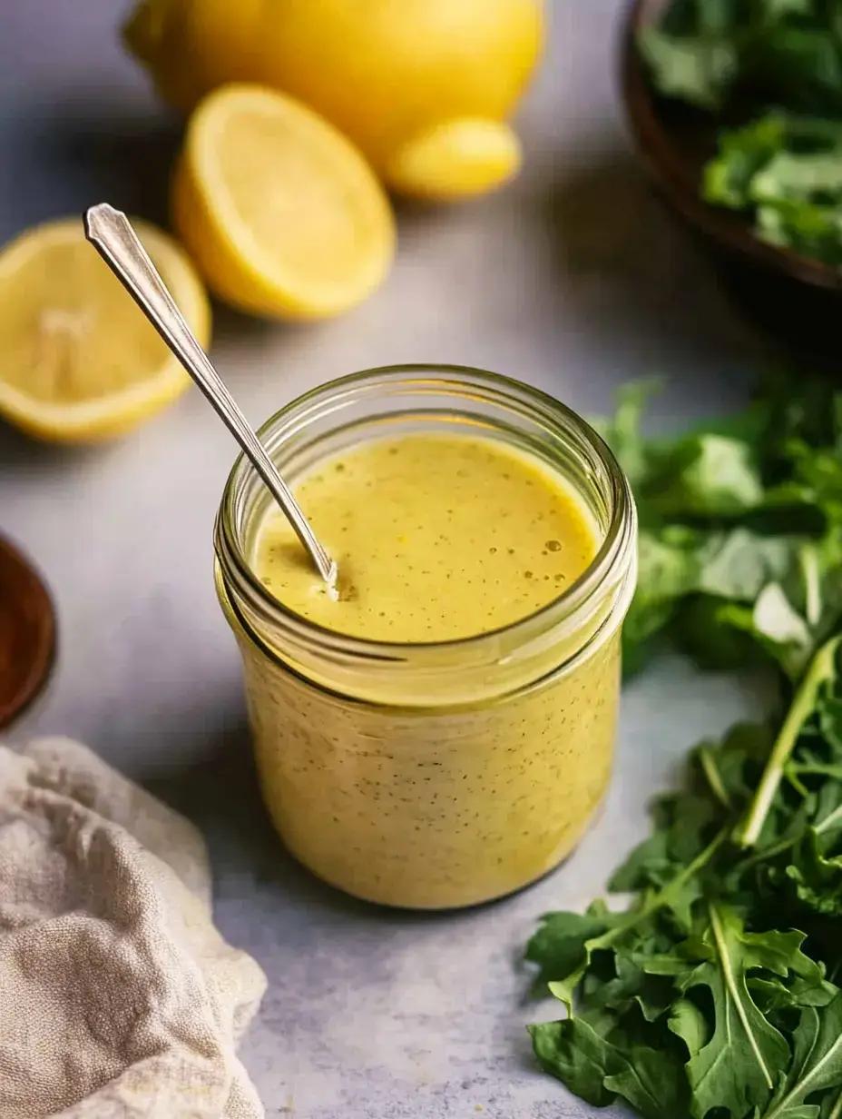 Limonlu sos kavanozu, yarılmış limonlar ve taze yeşilliklerle bir tezgah üzerinde duruyor.
