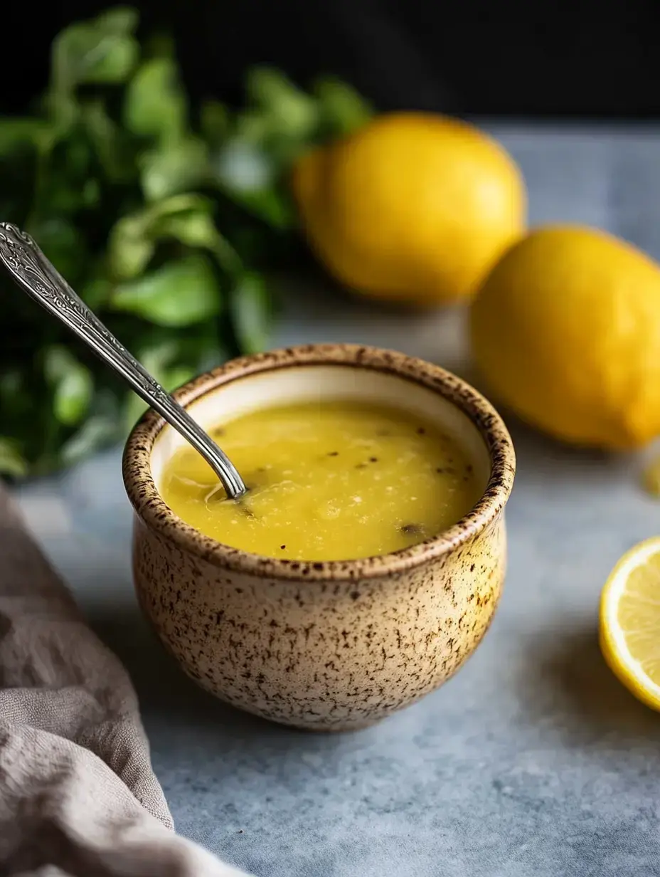 Kaşıklı sarı sos kâsesi, taze limonlar ve yeşilliklerle çevrelenmiş durumda.