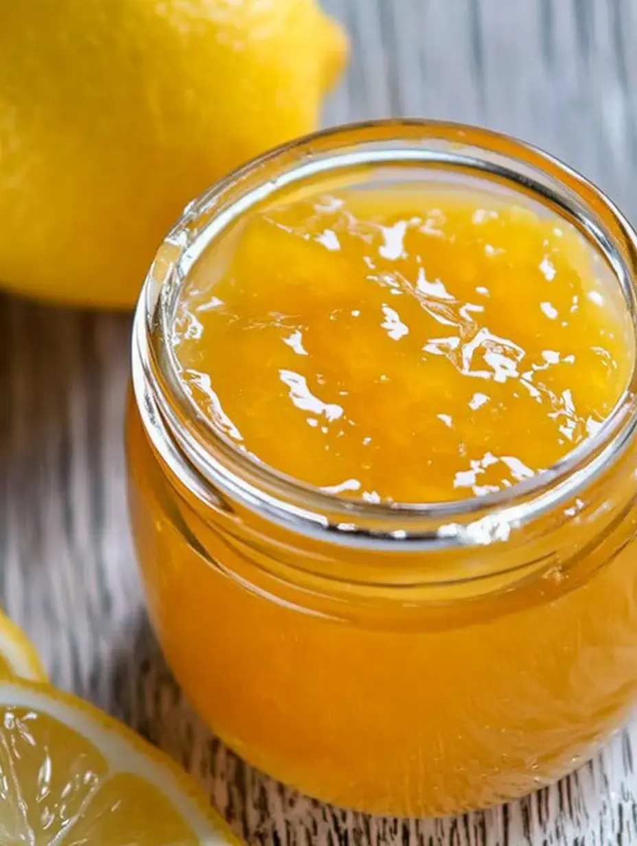 Ahşap bir yüzeyde duran limon jölesi kavanozunun yanında bütün bir limon ve yarım limon bulunuyor.