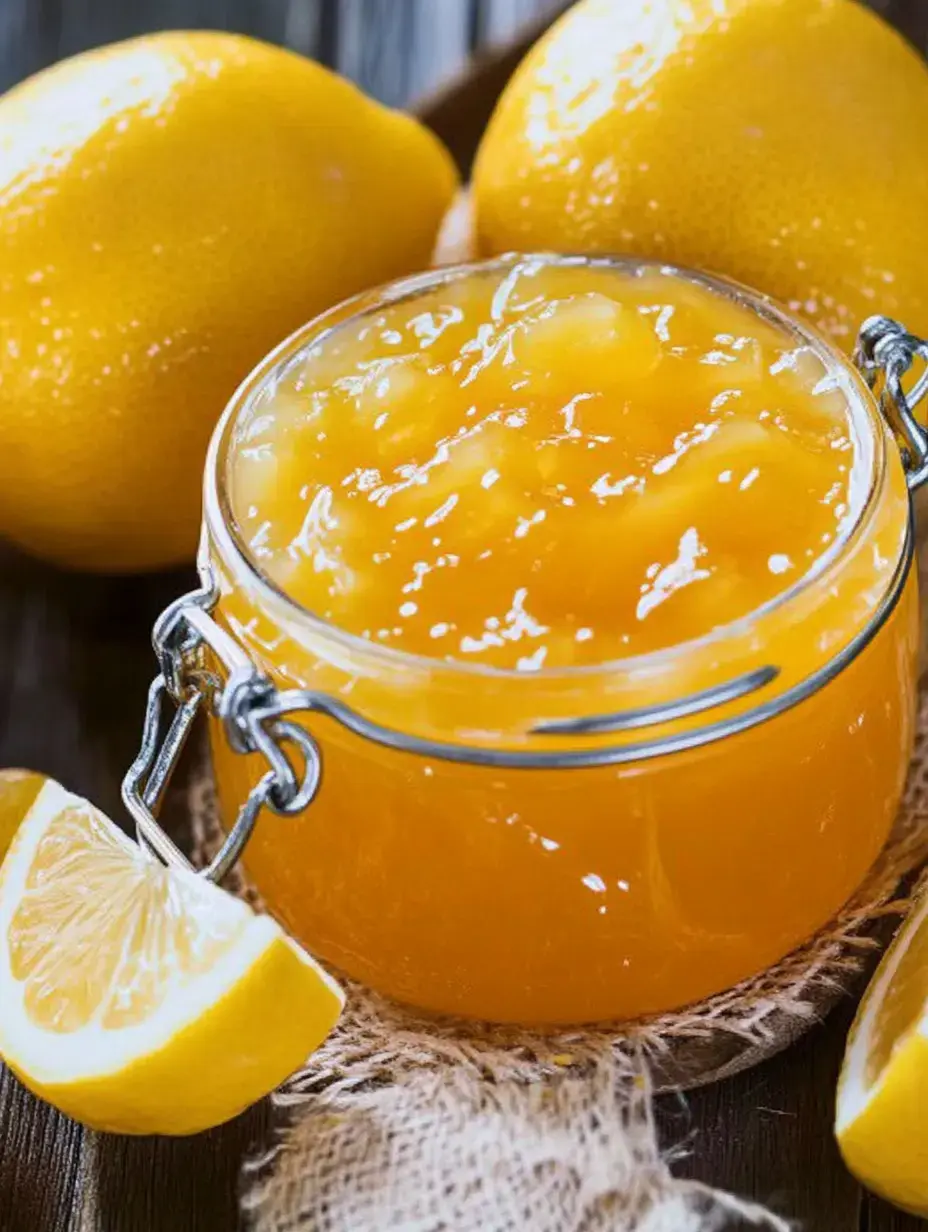 Dokulu bir yüzeye yerleştirilen şeffaf bir limon reçeli kavanozunun etrafında bütün limonlar ve dilimlenmiş bir limon parçası bulunuyor.