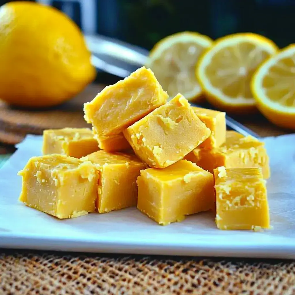 Beyaz bir tabakta limon lokumu kareleri yığını, arka planda taze limonlar sergileniyor.