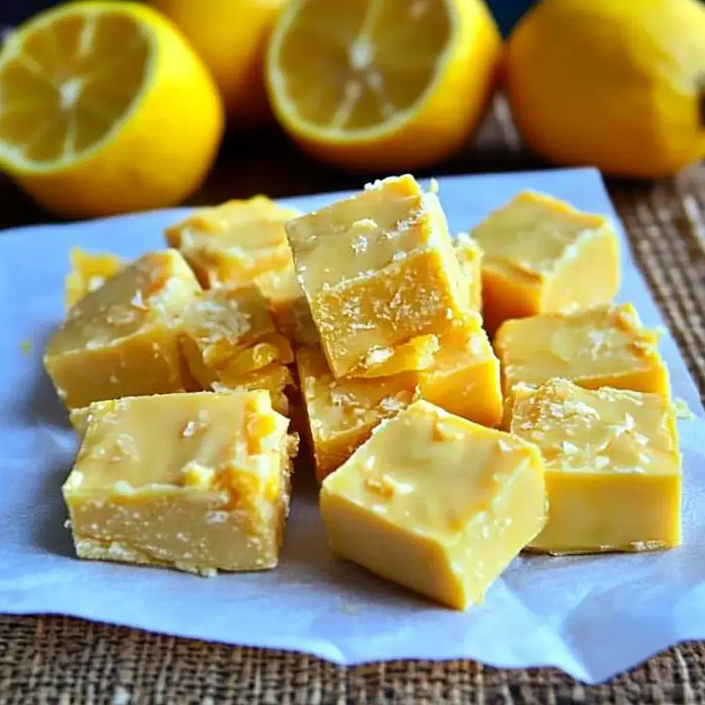 Beyaz bir kağıt üzerinde limon lokumu kareleri yığını, arka planda bütün ve yarım limonlar var.