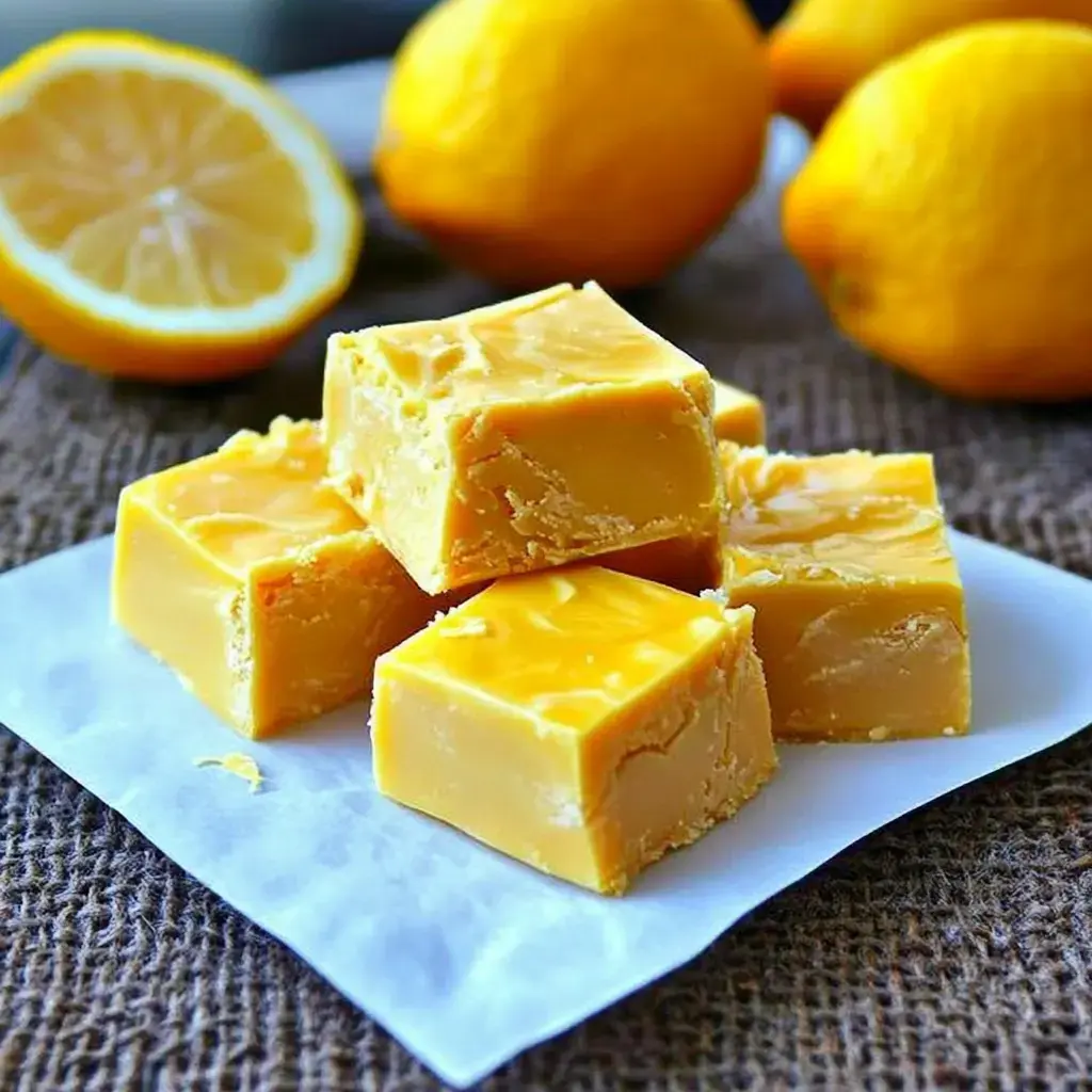Beyaz bir kağıt üzerinde limon lokumu kareleri yığını, arka planda bütün limonlar ve yarım limon sergileniyor.