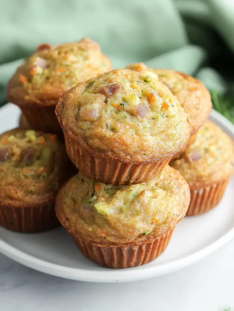 Beyaz bir tabakta sergilenen, sebzelerle yapılmış taze pişmiş lezzetli muffinlerin bir yığını.