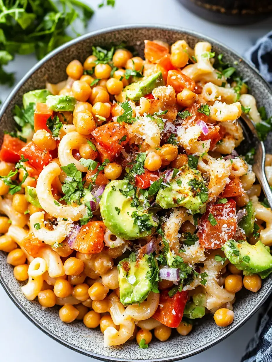Makarna salatası dolu bir kase. İçinde makarna, nohut, doğranmış domates, avokado, kırmızı soğan ve taze otlar var, üzerinde rendelenmiş peynir ile süslenmiş.
