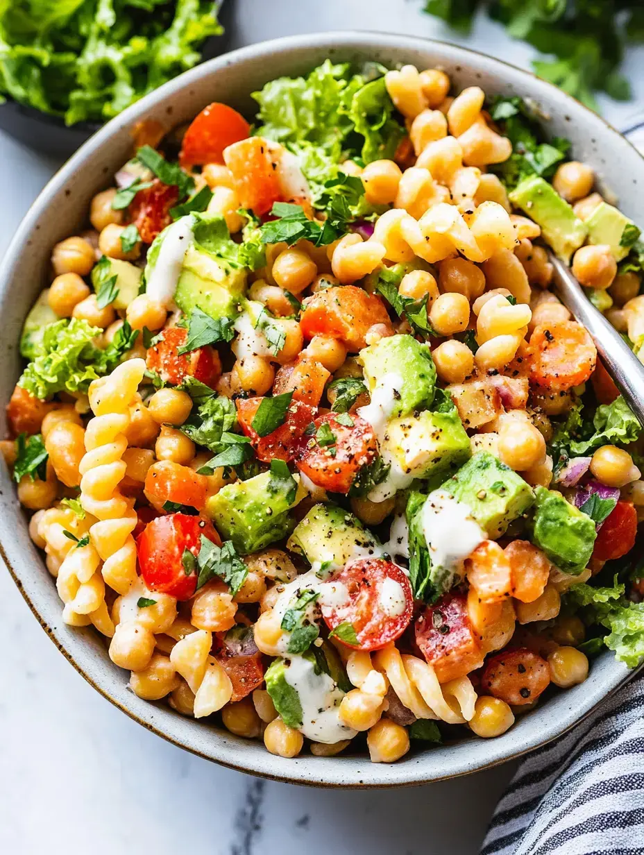 Nohut, kiraz domates, avokado, marul ve kremsi bir sos içeren canlı bir makarna salatası kasesi, otlarla süslenmiş.