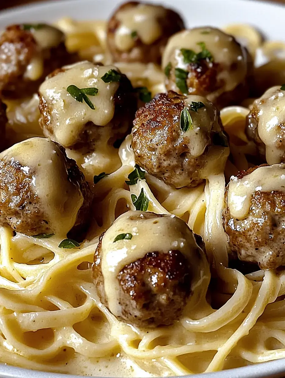 Taze otlarla süslenmiş, köfteler ve kremsi sosla kaplı spagetti yakın çekim.