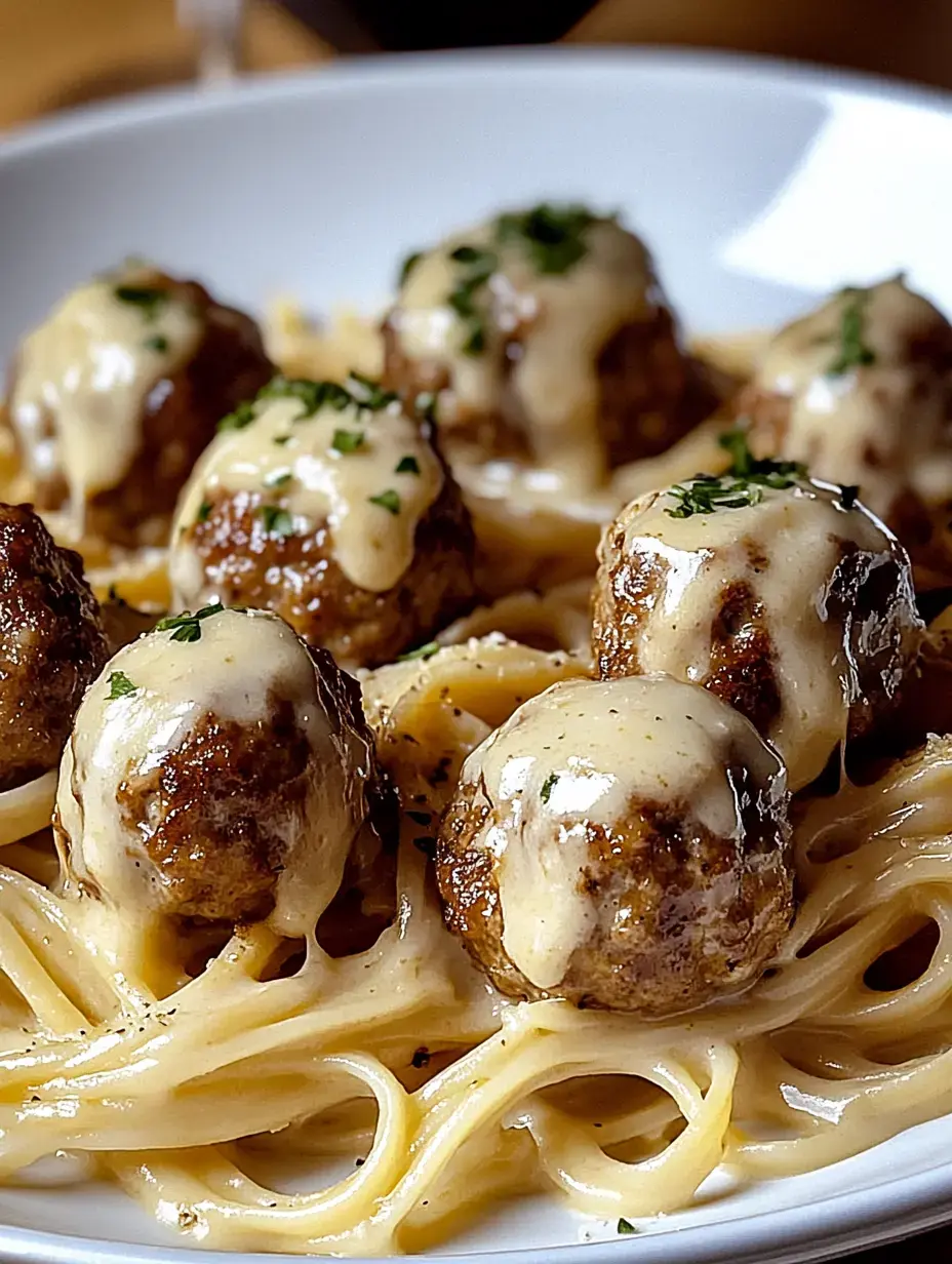 Kremsi peynir soslu köftelerle kaplı ve maydanozla süslenmiş spagetti tabağı.