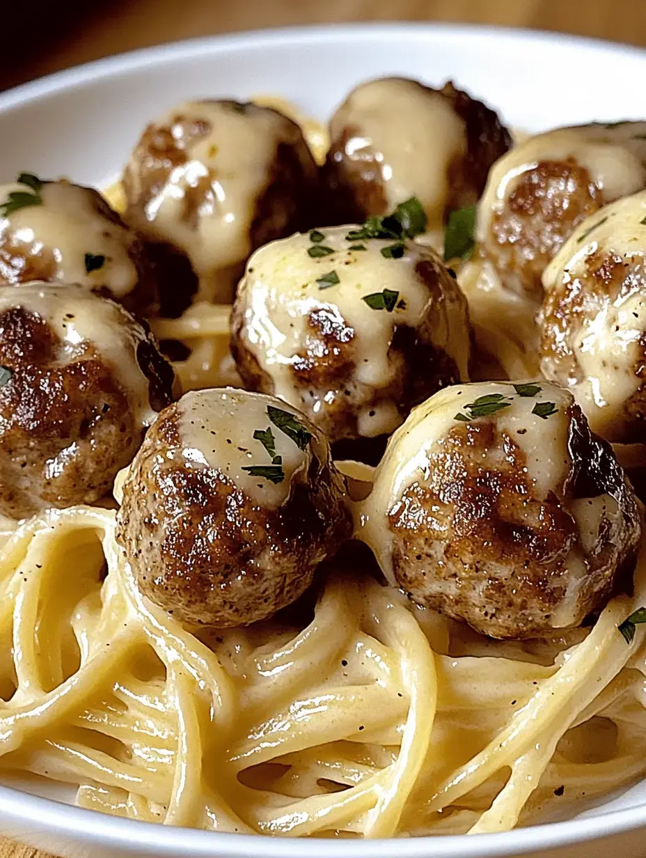 Maydanozla süslenmiş, erimiş peynir ve köftelerle kaplı spagetti kasesi.