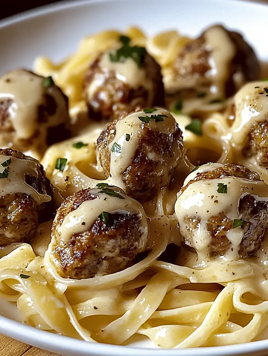 Doğranmış maydanozla süslenmiş, köfteler ve kremsi sosla kaplı fettuccine makarna yakın çekim.