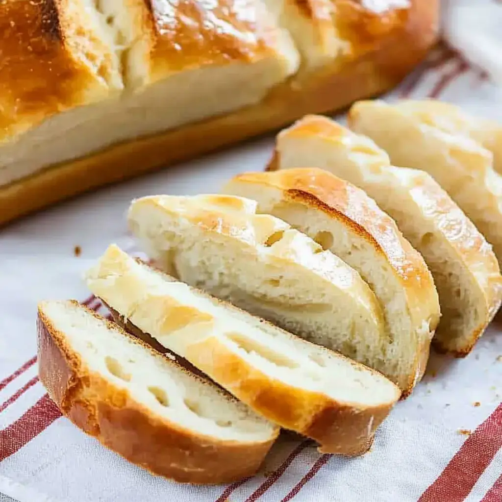 Yeni pişmiş bir ekmek somunu dilimlenmiş, kırmızı çizgili bir bezin üzerine yerleştirilmiş.