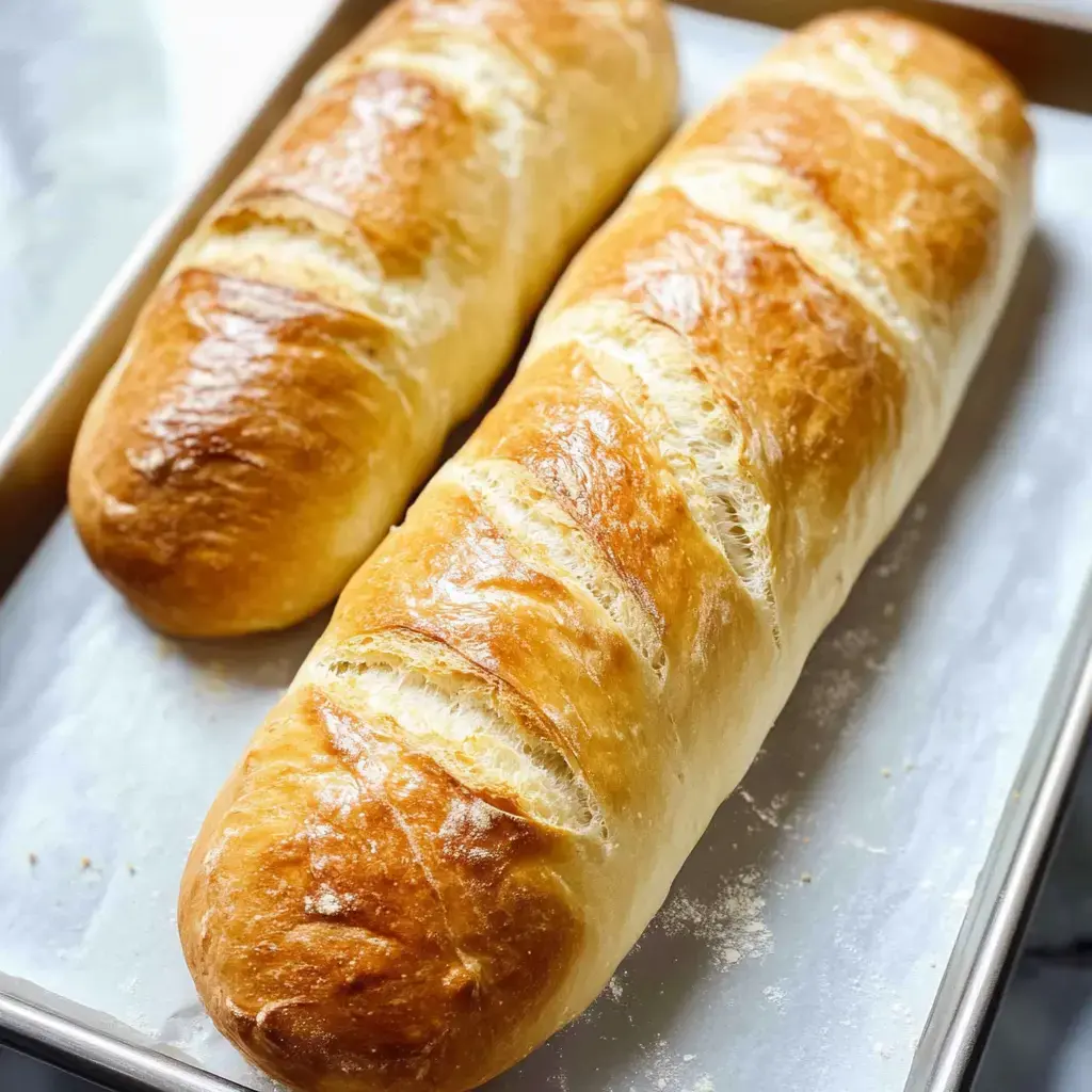 Yağlı kağıt serili fırın tepsisinde iki taze pişmiş altın renkli ekmek somunu duruyor.