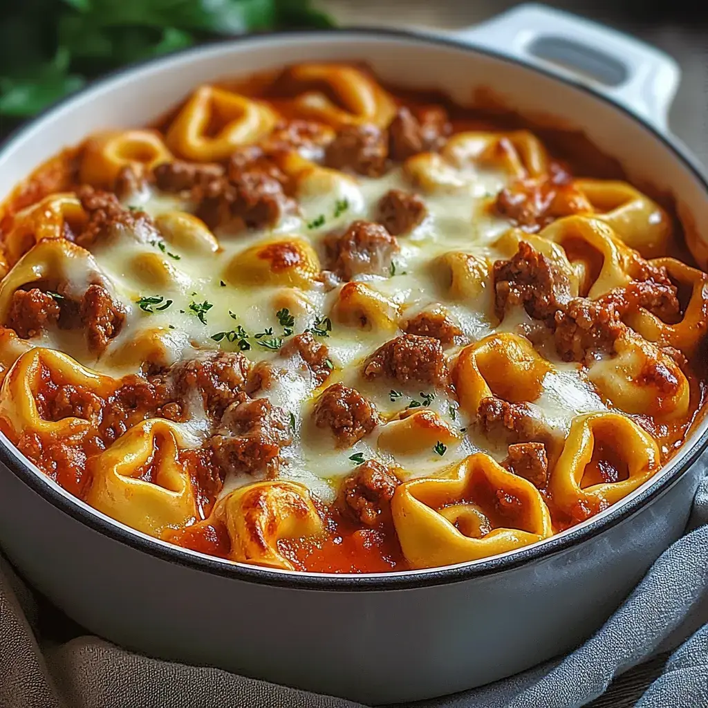 Zengin domates sosunda kıymalı, peynirli tortellini fırın yemeği, maydanozla süslenmiş.