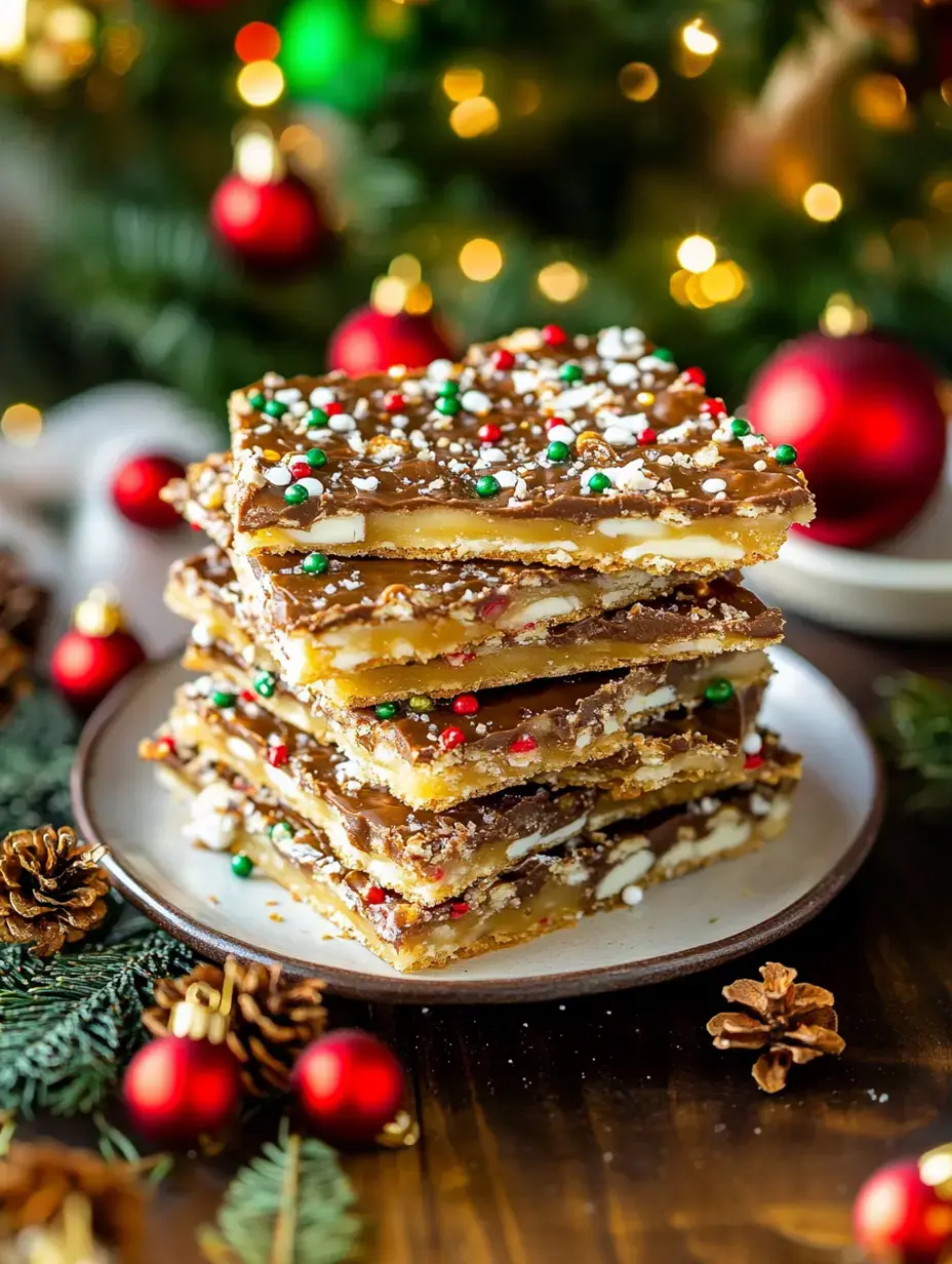 Bir tabakta yığılmış şenlikli, süslenmiş toffee parçaları, etrafında tatil süsleri ve kozalaklar, bulanık bir Noel ağacı arka planına karşı sergileniyor.