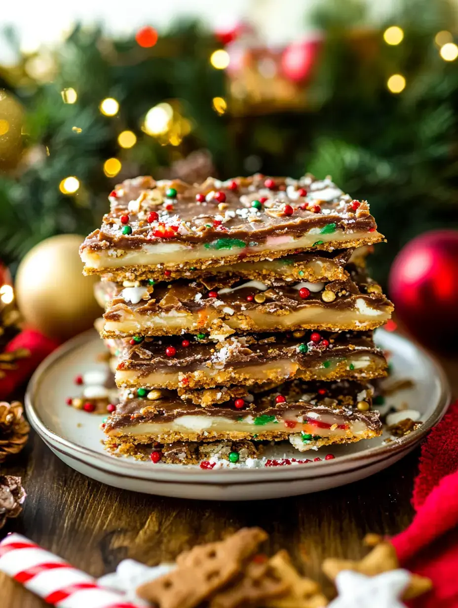 Bir tabakta yığılmış şenlikli, süslenmiş çikolatalı ve toffee barları, etrafında tatil süsleri.
