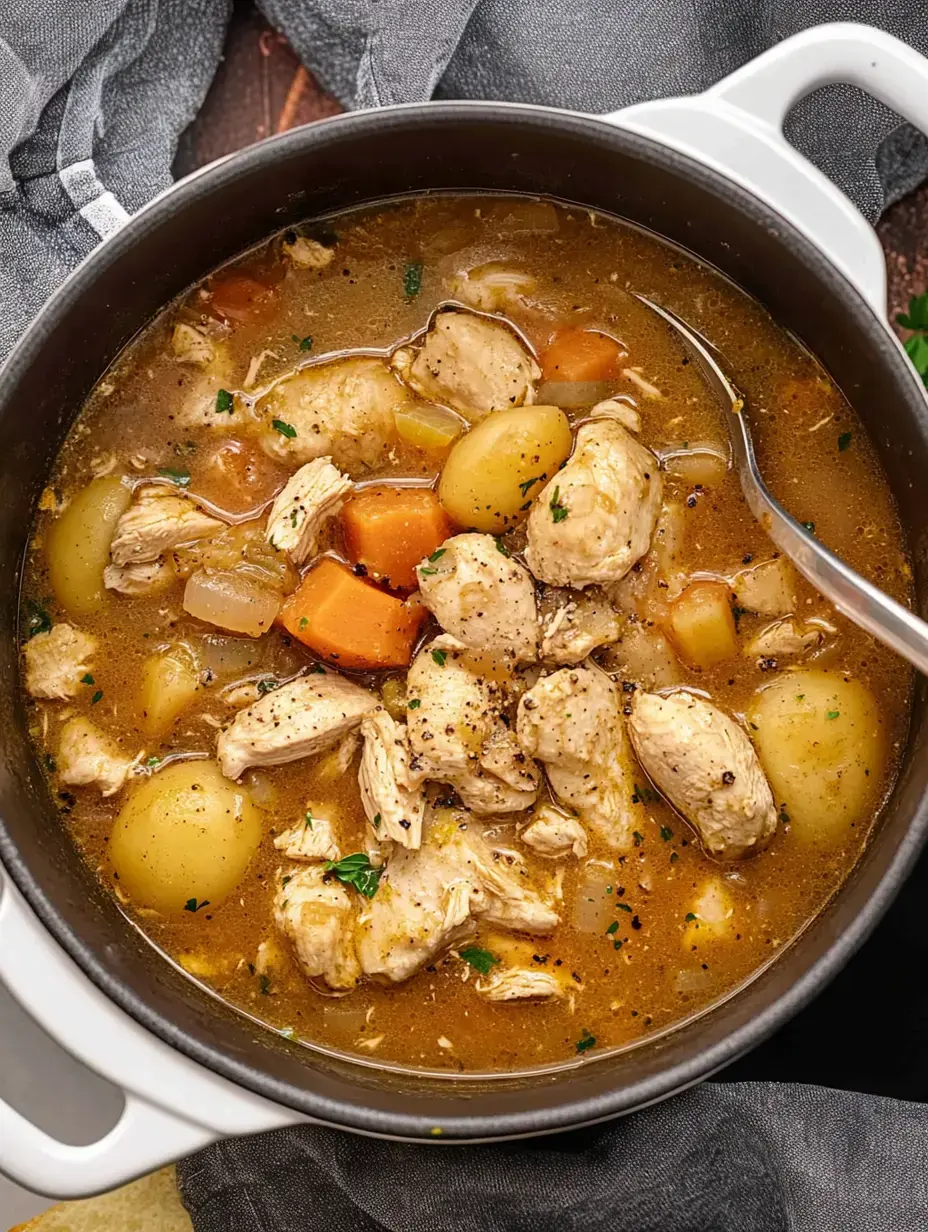 Koyu bir tencerede havuç ve patates gibi sebzelerle servis edilen doyurucu bir tavuk güveç.