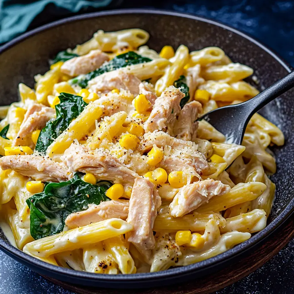 Kremalı sos ile kaplanmış penne makarna, didiklenmiş tavuk parçaları, mısır ve ıspanakla birlikte bir kasede sunulmuş, üzerine peynir ve karabiber serpilmiş.