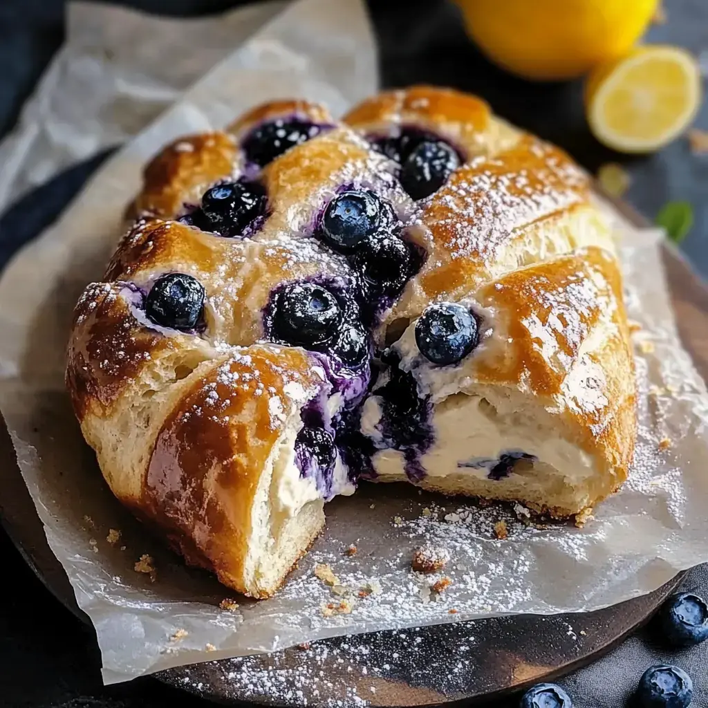 Kremalı ve yabanmersinli, üzerine pudra şekeri serpilmiş altın renkte bir ekmek, yağlı kağıt üzerinde limon eşliğinde sunulmuş.