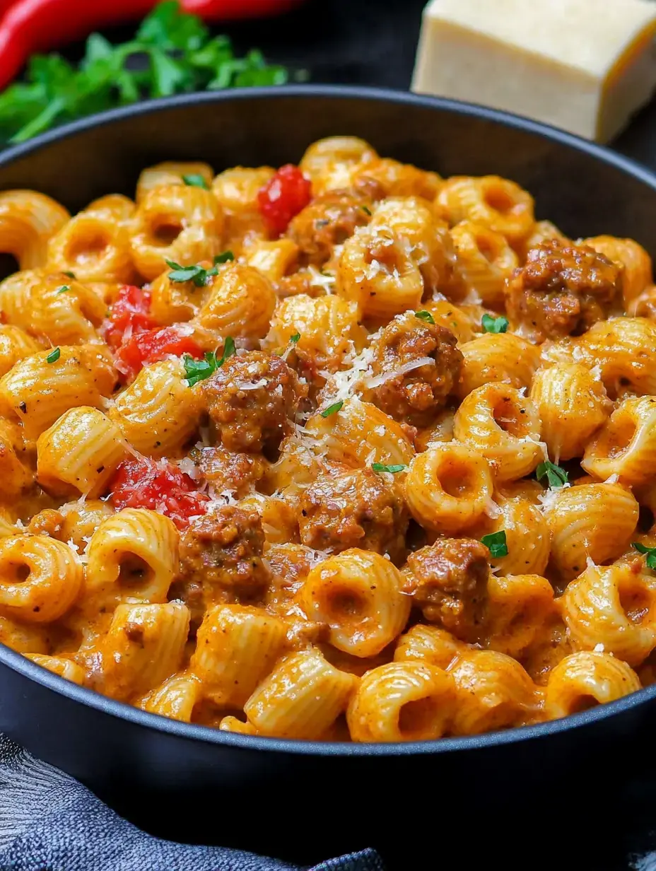 Köfte, domates ve kremsi soslu doyurucu bir makarna kasesi, taze otlar ve parmesan peyniri ile süslenmiş.