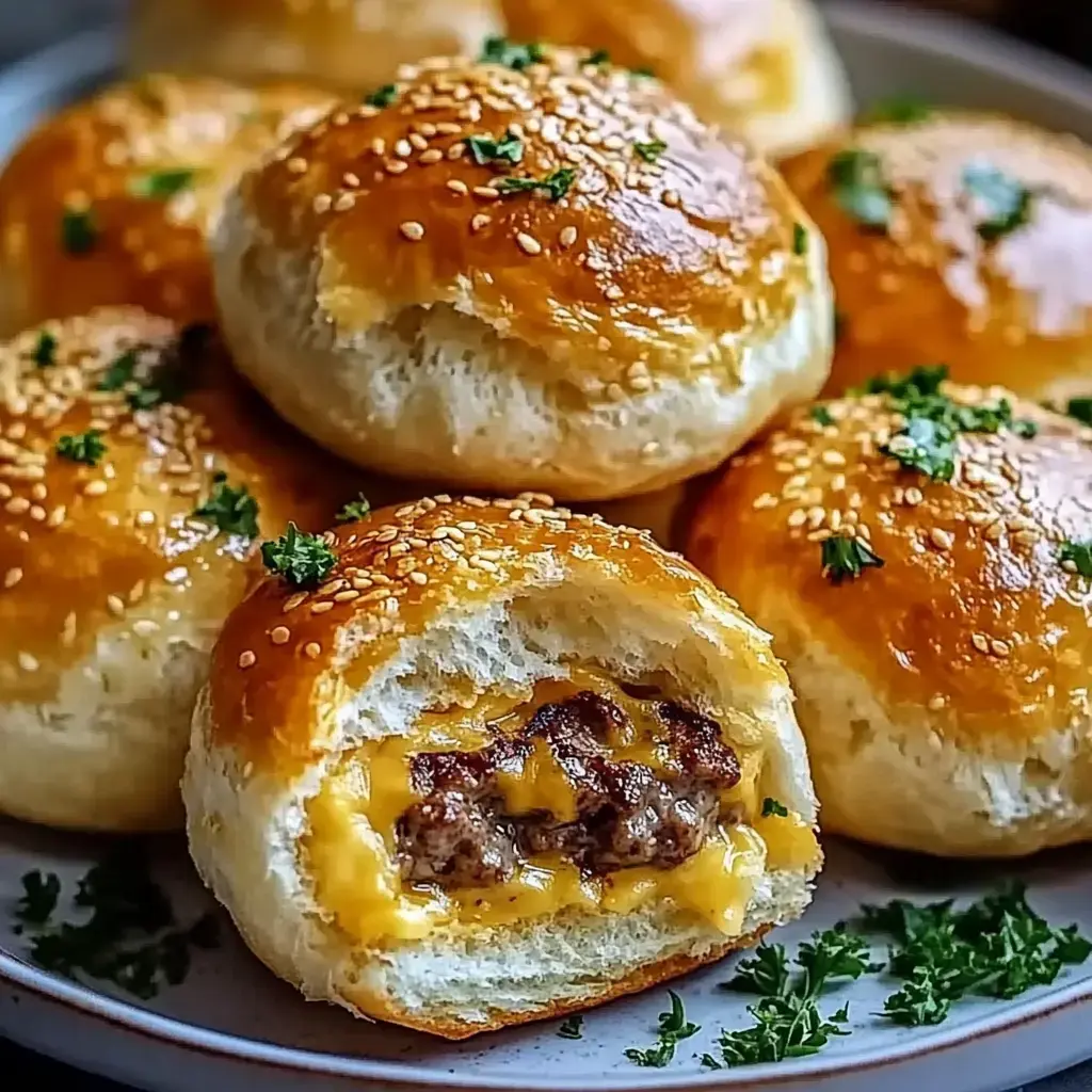 Altın rengi, susamlı üst kısmı olan, içi kıyma ve erimiş peynirle dolu ekmek rulolarından oluşan bir tabak, etrafında serpilmiş maydanoz görünüyor.