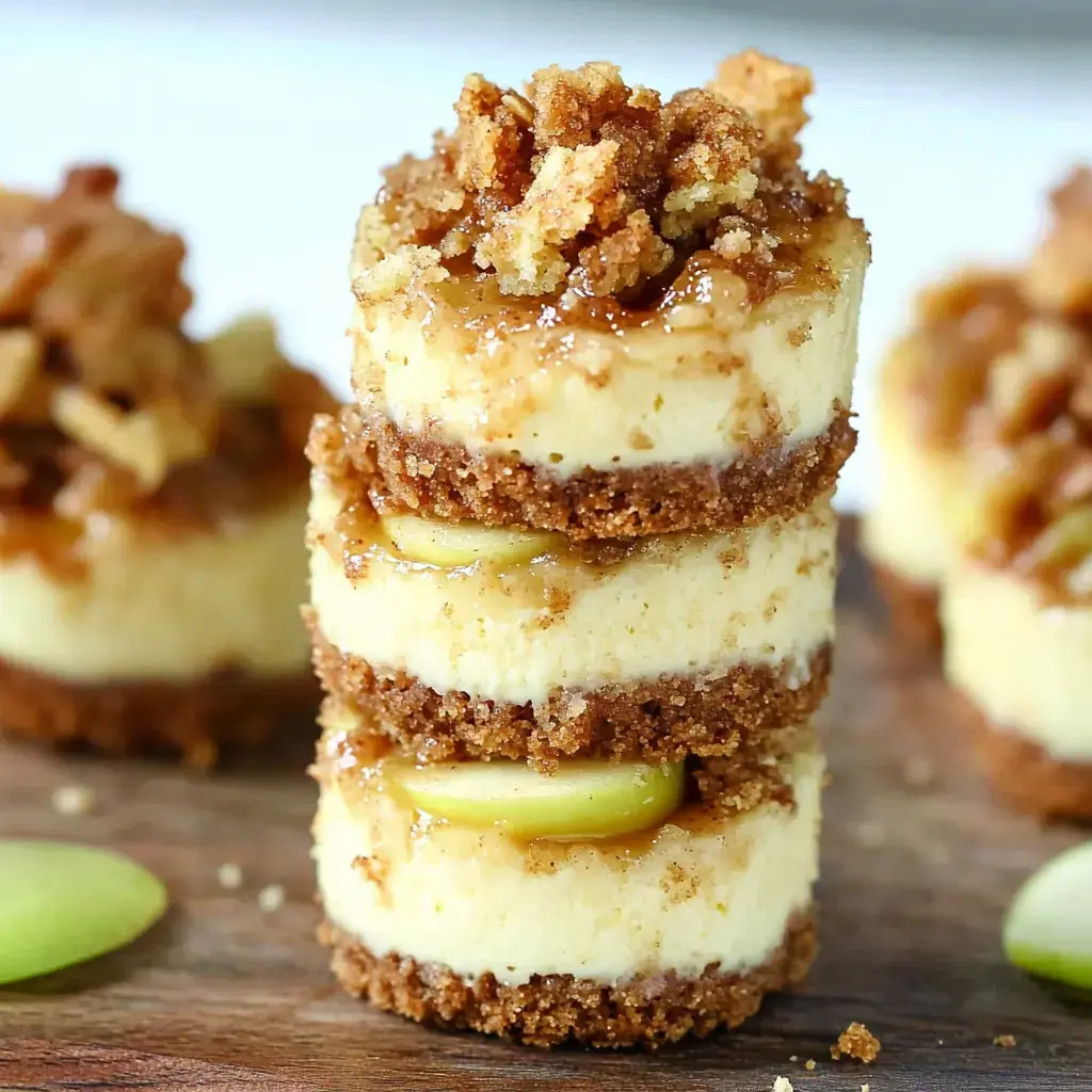 Kat kat mini cheesecake’ler üst üste yığılmış, üstleri kırıntı kaplı, şurup dökülmüş ve etraflarında yeşil elma dilimleri var.