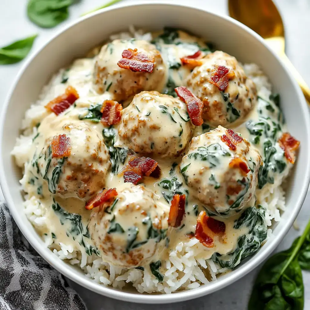 Kremalı ıspanak soslu köftelerin üzerinde pirinç ve çıtır bacon ile bir kase servis edilmiş.