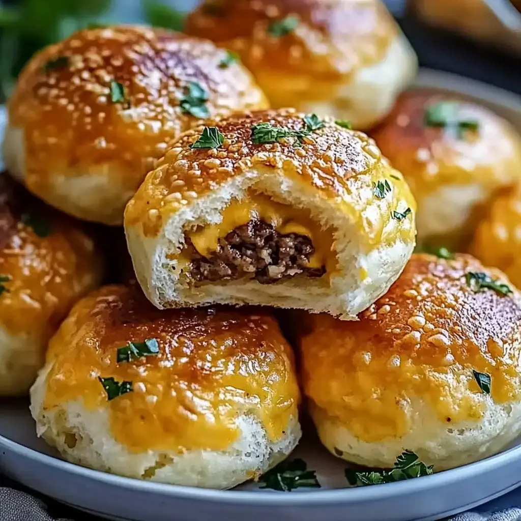 Maydanozla süslenmiş, altın-kahverengi, peynirli et dolgulu kurabiyeler tabağı.