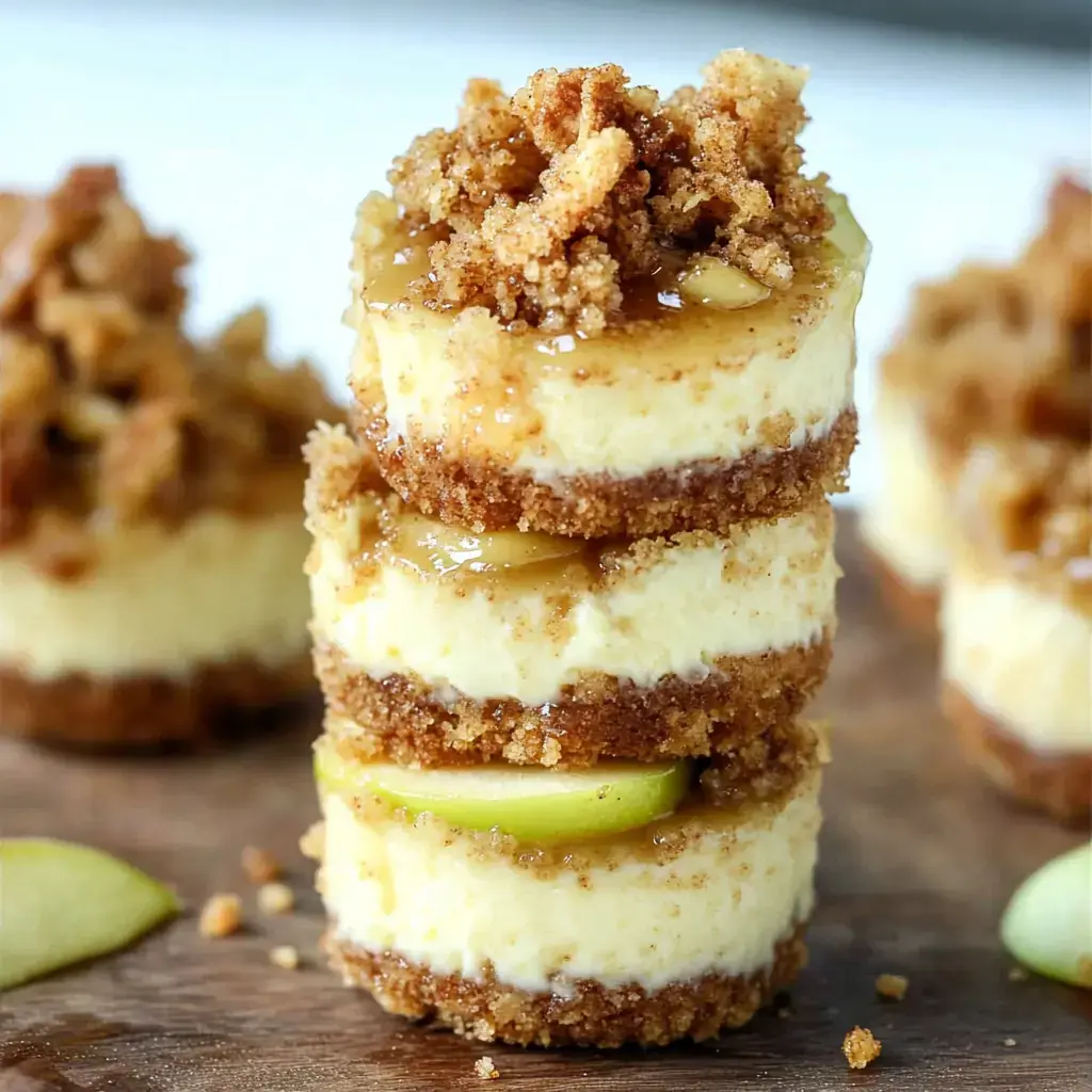 Ahşap bir zeminde kırıntı, karamel ve yeşil elma dilimleriyle süslenmiş mini cheesecake yığını.
