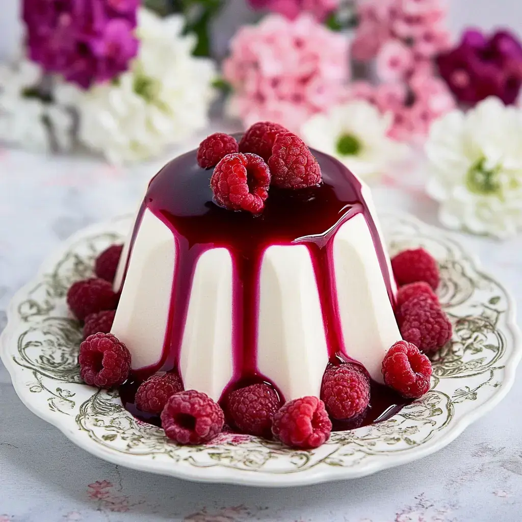 Ahududu sosu ve taze ahududularla süslenmiş kremsi bir panna cotta, çiçeklerle çevrili dekoratif bir tabakta duruyor.