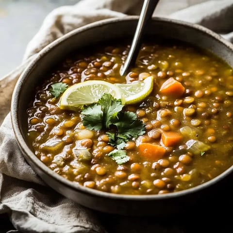 Mercimek çorbası kasesi, limon dilimleri ve taze kişnişle süslenmiş.